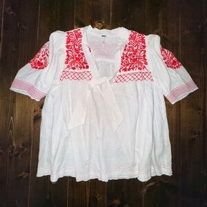 Free People Embroidered Peasant Top XS Dreaming About You Tunic Ivory and Red